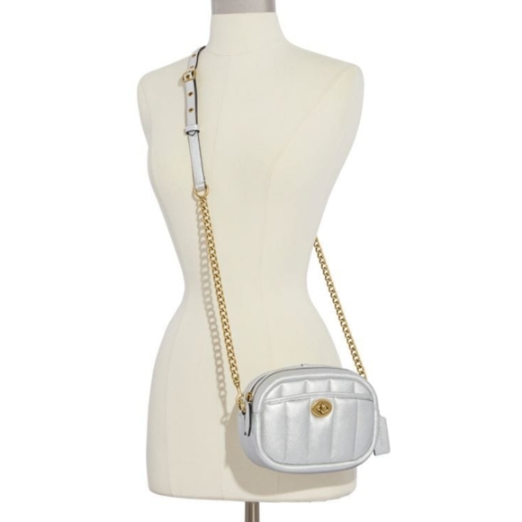 Coach Camera Crossbody Bag Silver Quilted Leather with Chain Strap - Picture 1 of 12